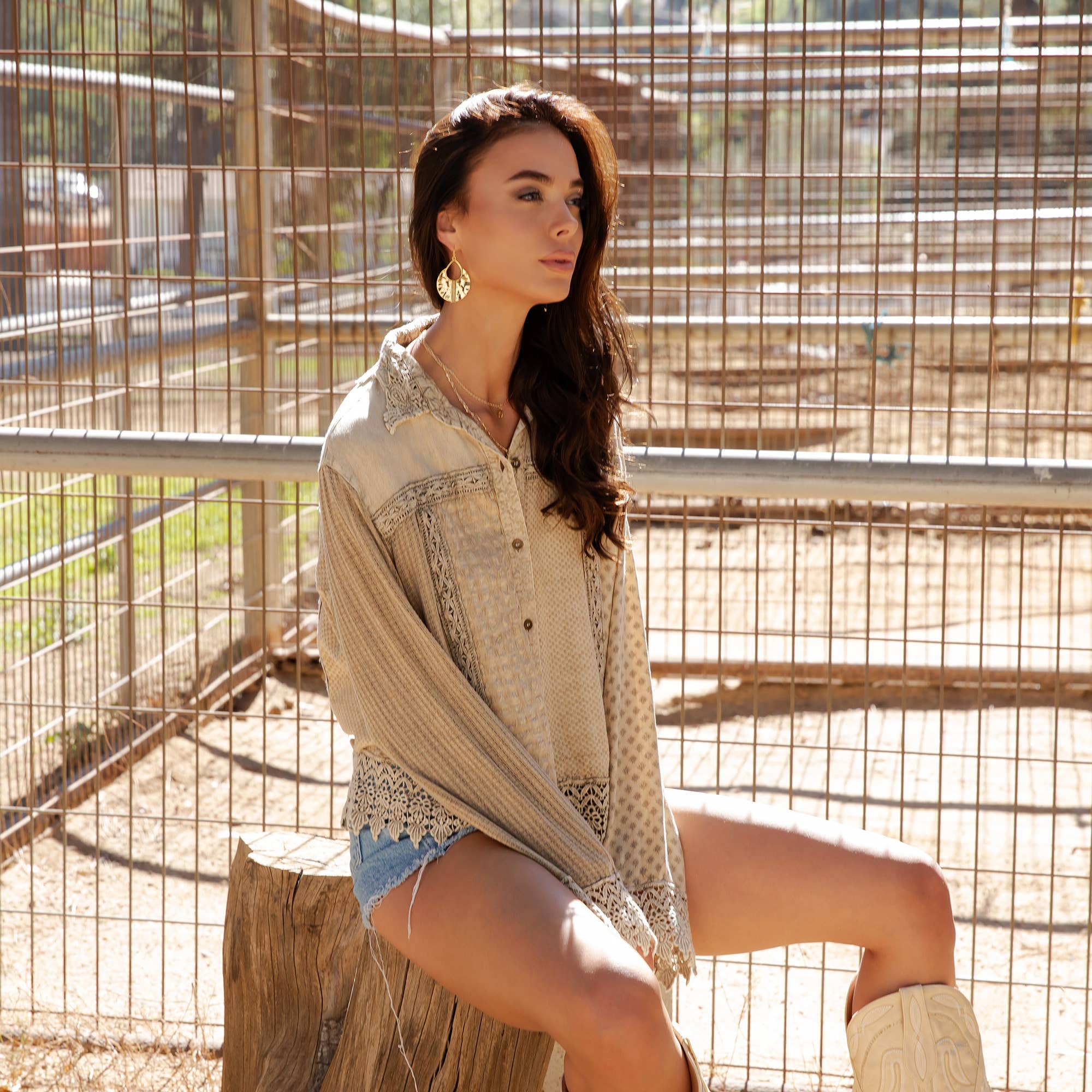 Artisan Boho Lace Trim Button-Front Blouse Top (NEW COLOR)