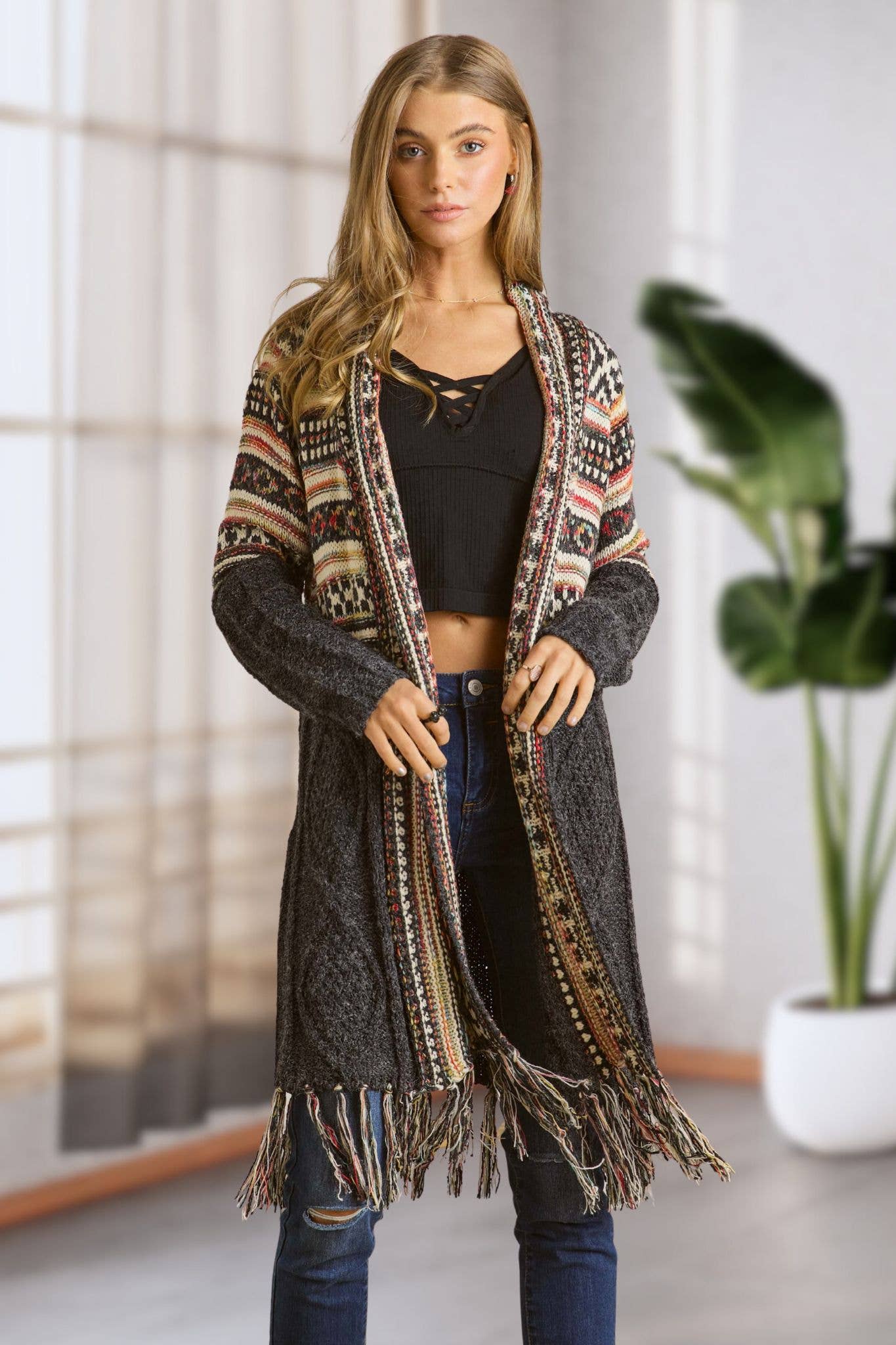 Maya PLUS FRINGE HEM AZTEC CARDIGAN