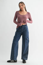 Scoop Neck Micro-Ribbed Long Sleeve Top Mono B