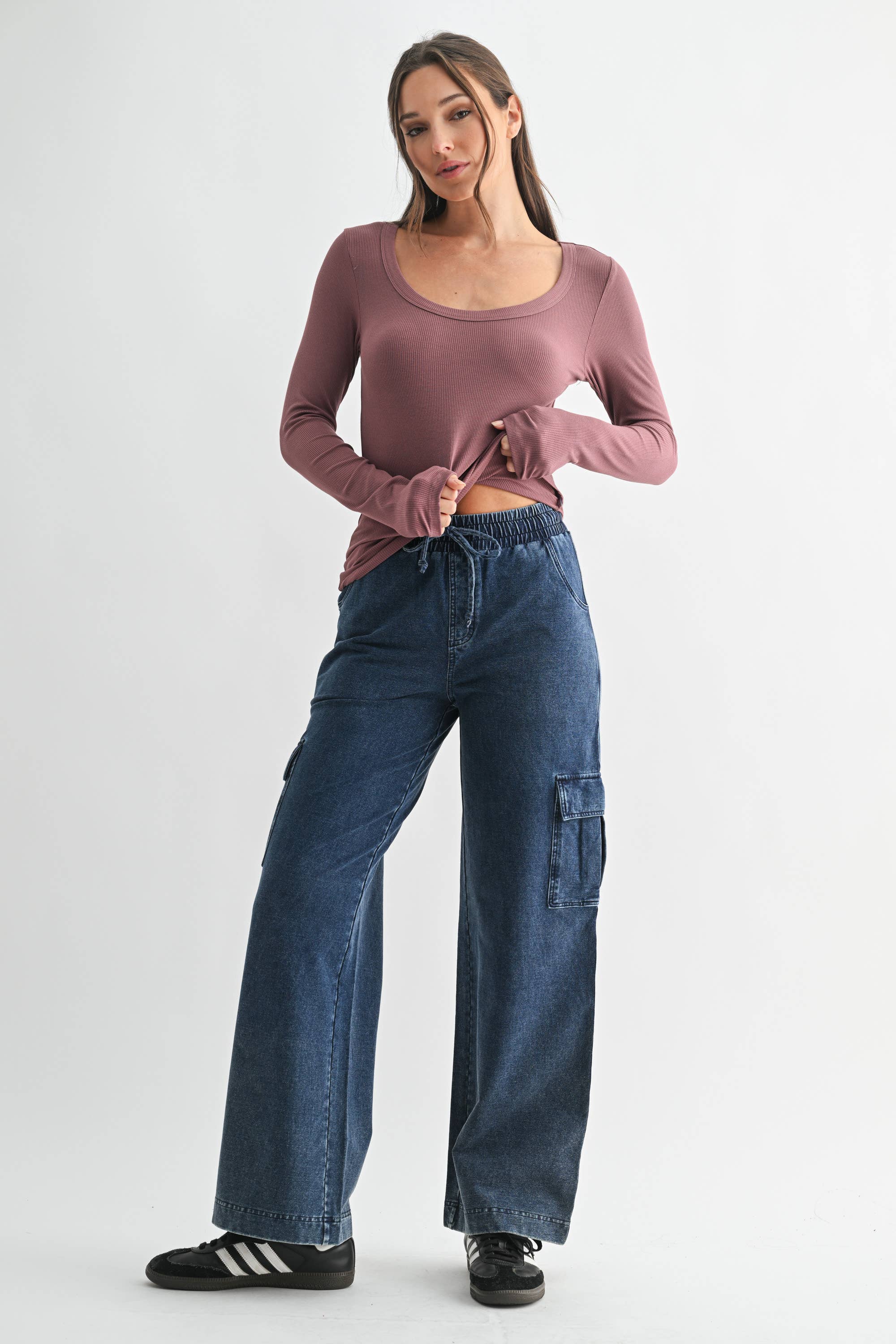 Scoop Neck Micro-Ribbed Long Sleeve Top Mono B