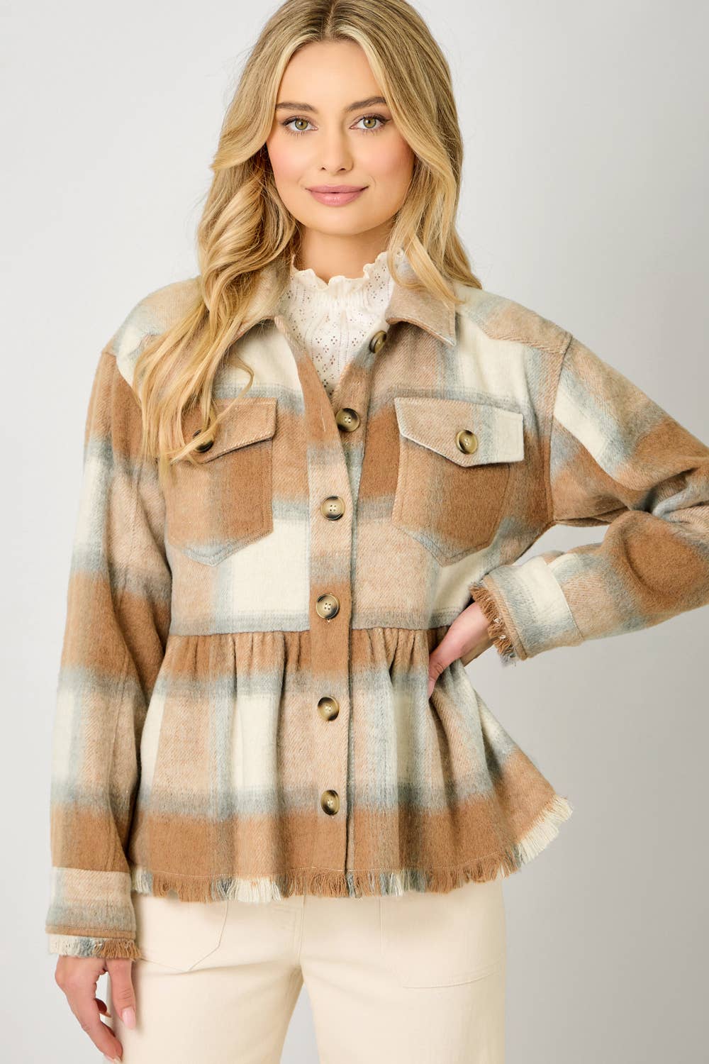Perfect Peplum Fringe Plaid Jacket
