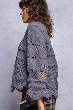 Pol Clothing - Textured Stitch Scalloped Trim Crochet Knit Sweater Top