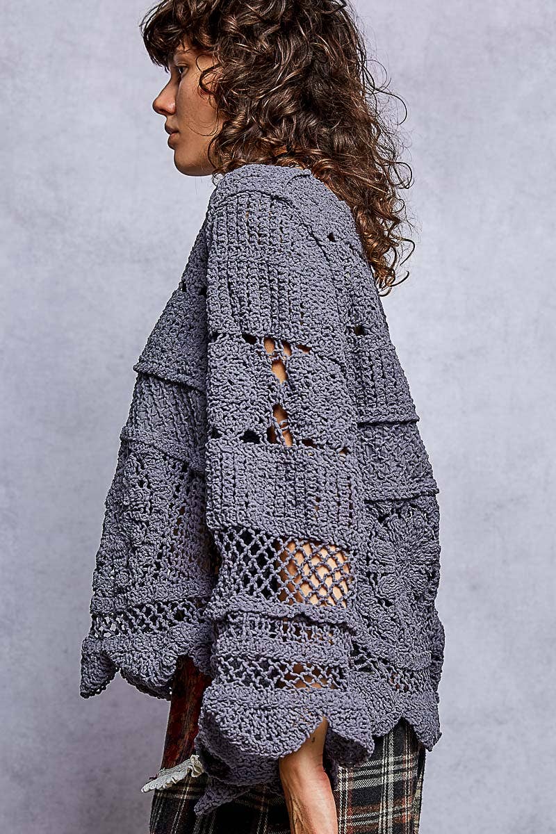 Pol Clothing - Textured Stitch Scalloped Trim Crochet Knit Sweater Top
