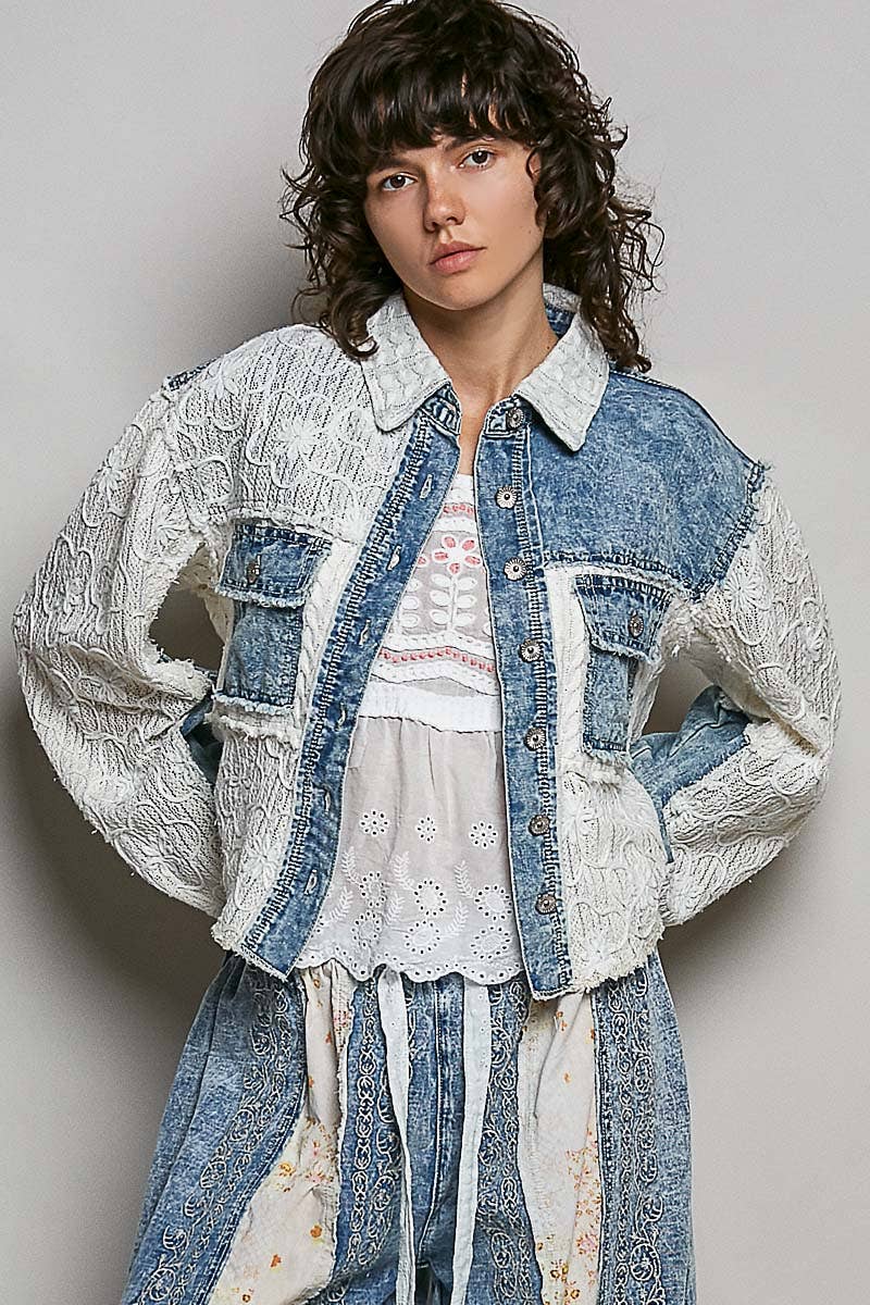 Pol Clothing - Cable Knit Lace Patchwork Woven Long Sleeve Shirt Top