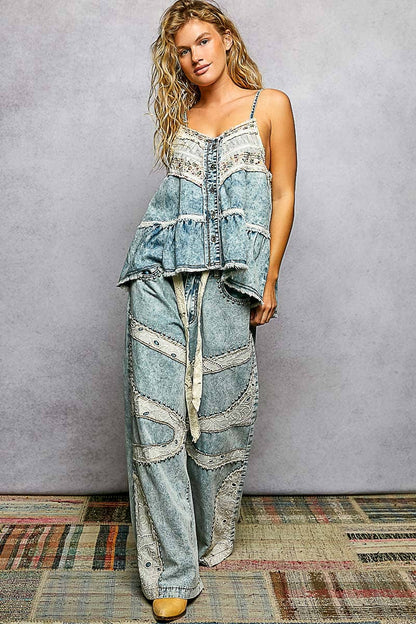 Pol Clothing - Double Gauze Denim Lace Patch Outseam Round Neck Sleeveless