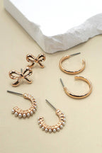 BOW PEARL STUDDED GOLD HOOP TRIO EARRINGS