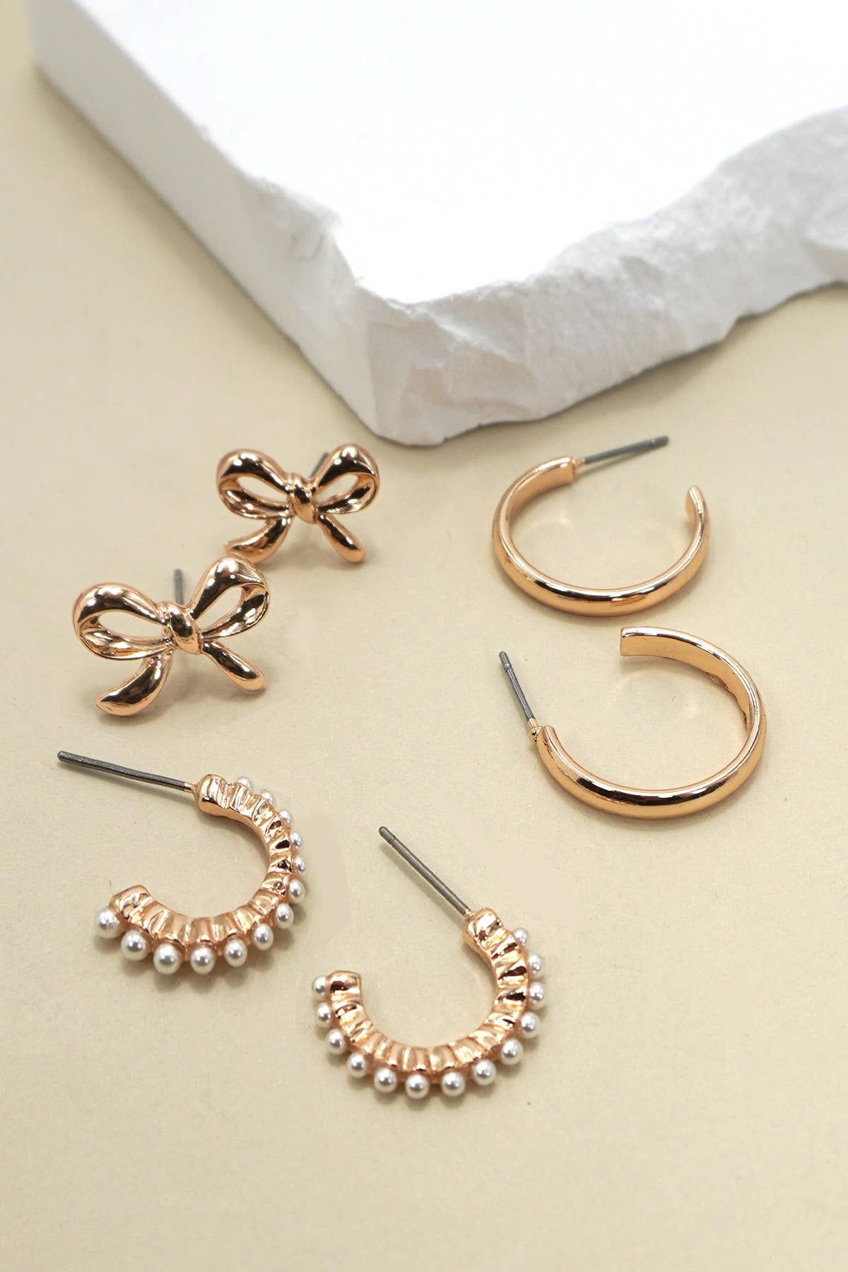 BOW PEARL STUDDED GOLD HOOP TRIO EARRINGS