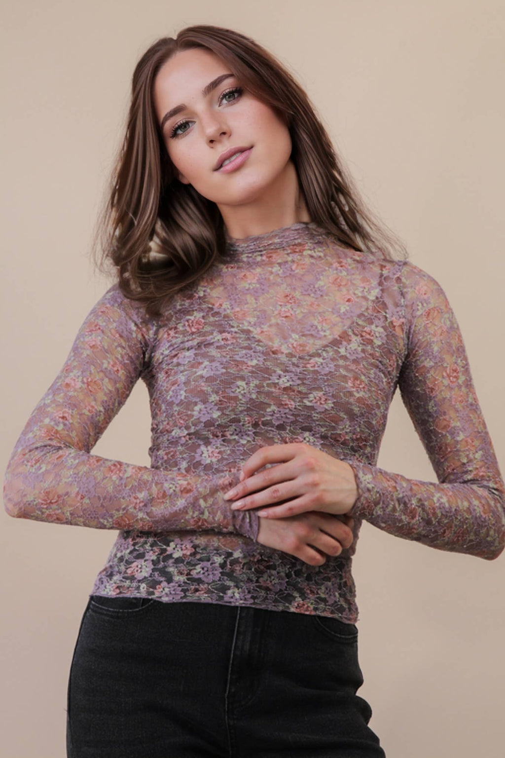 High Neck Fitted Sheer Mesh Lace Knit Top
