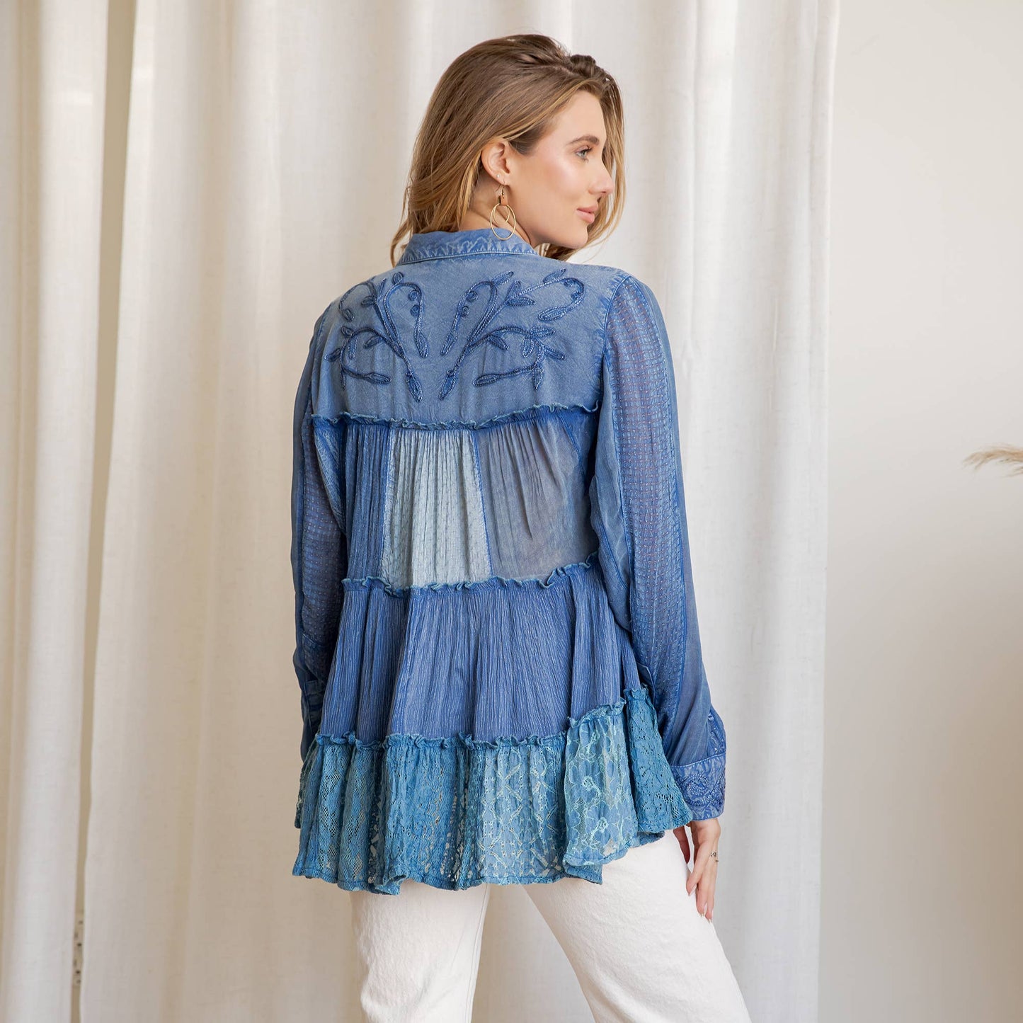 Young Threads - Mineral Wash Tiered Button-Down Blouse with Floral Details