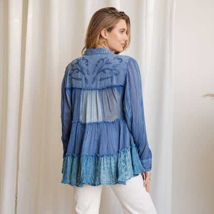Young Threads - Mineral Wash Tiered Button-Down Blouse with Floral Details