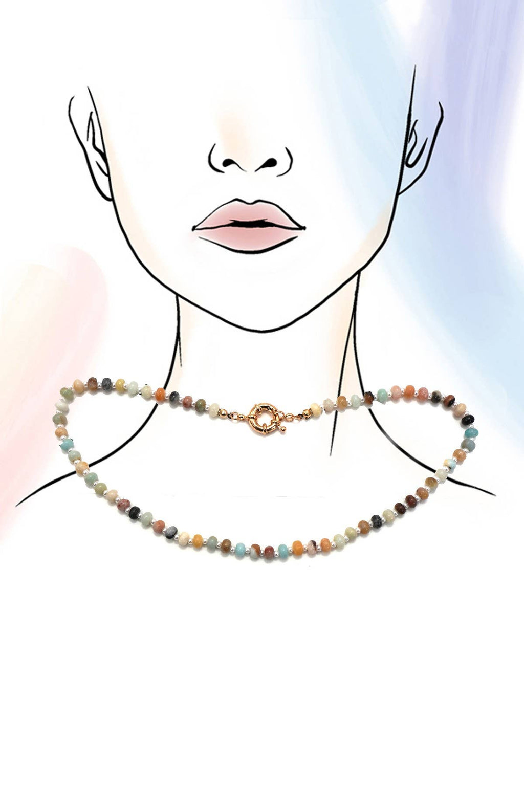 NATURAL STONE CHARM  SPRING CLASP BEADED NECKLACE
