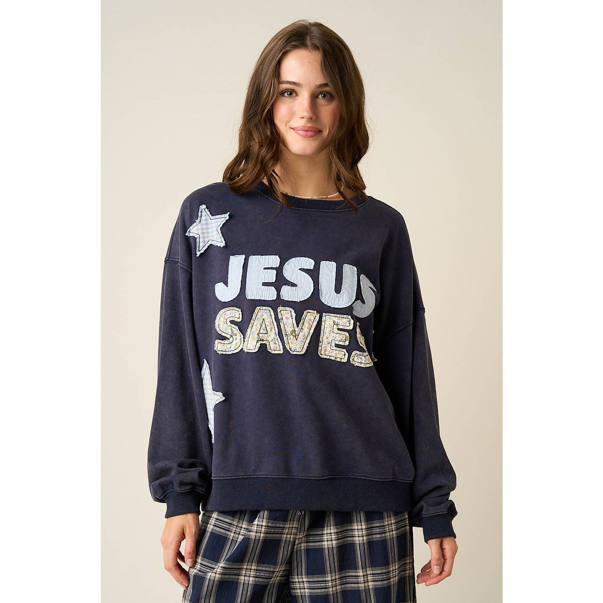 JESUS SAVES PATCHWORK CREW NECK SWEATSHIRT