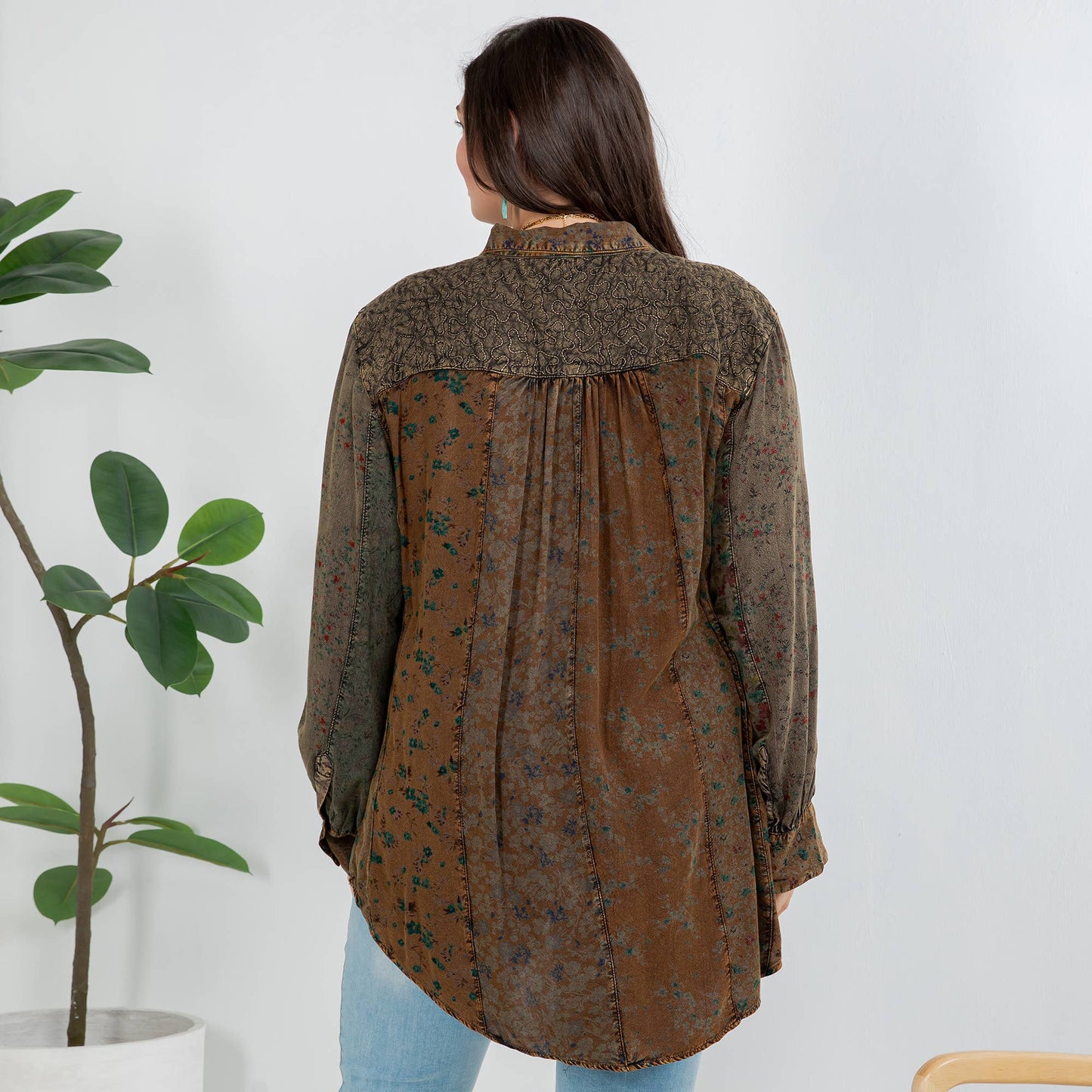 Young Threads - Front-Open Boho Shirt with Quilted Emb & Rayon Tiers