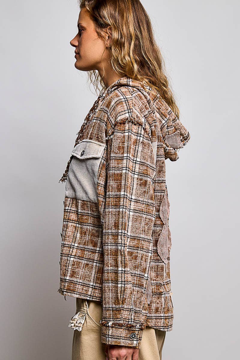 Pol Clothing - Plaid Woven Thermal Patch Floral Patchwork Hoodie Top