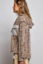 Pol Clothing - Plaid Woven Thermal Patch Floral Patchwork Hoodie Top