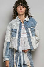 Pol Clothing - Cable Knit Lace Patchwork Woven Long Sleeve Shirt Top