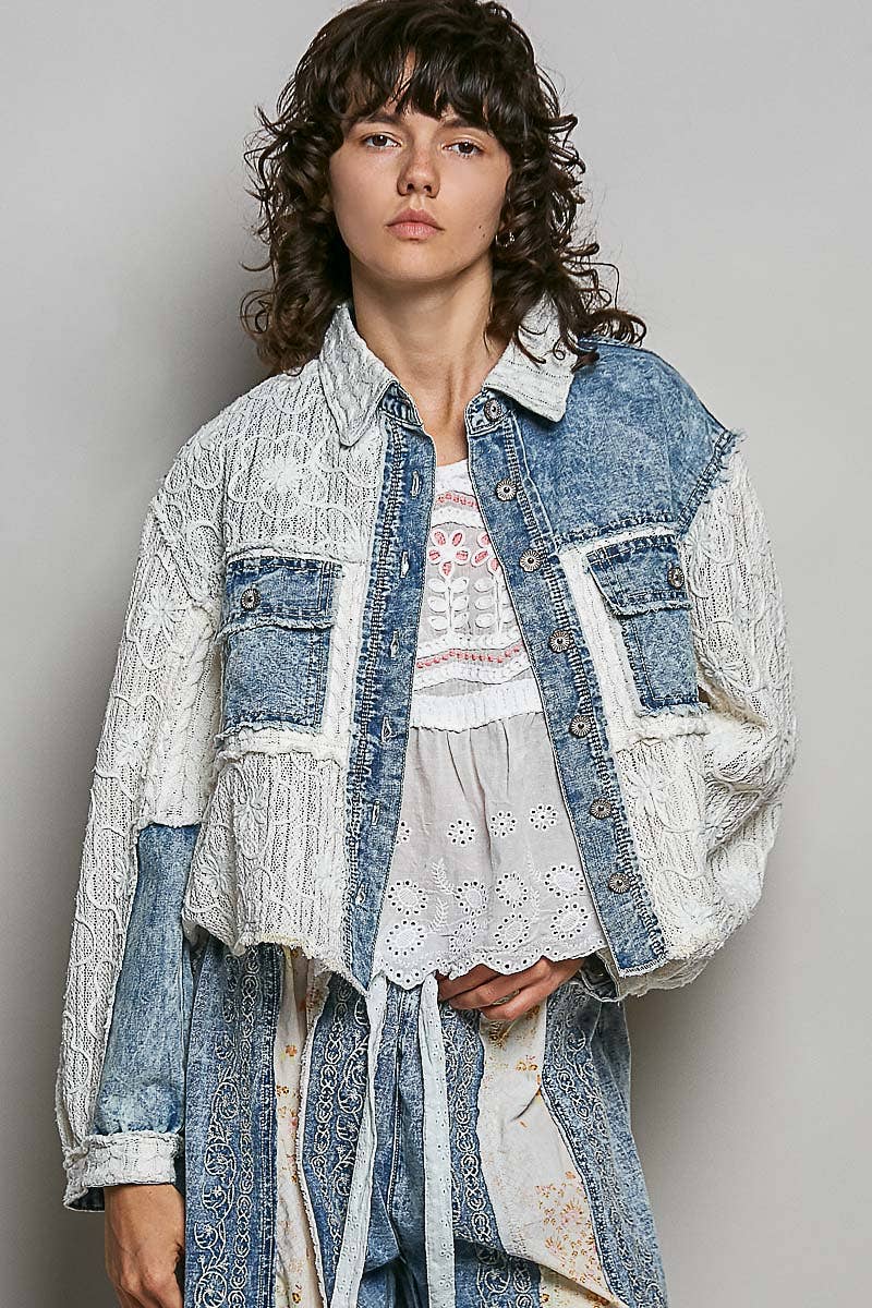 Pol Clothing - Cable Knit Lace Patchwork Woven Long Sleeve Shirt Top