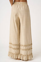 RUFFLE TRIM POCKET MINERAL WASH WIDE LEG PANTS