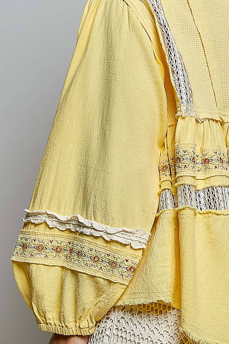 Pol Clothing - Embroidery Lace Contrast Square Neck Long Sleeve top