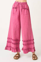 RUFFLE TRIM POCKET MINERAL WASH WIDE LEG PANTS
