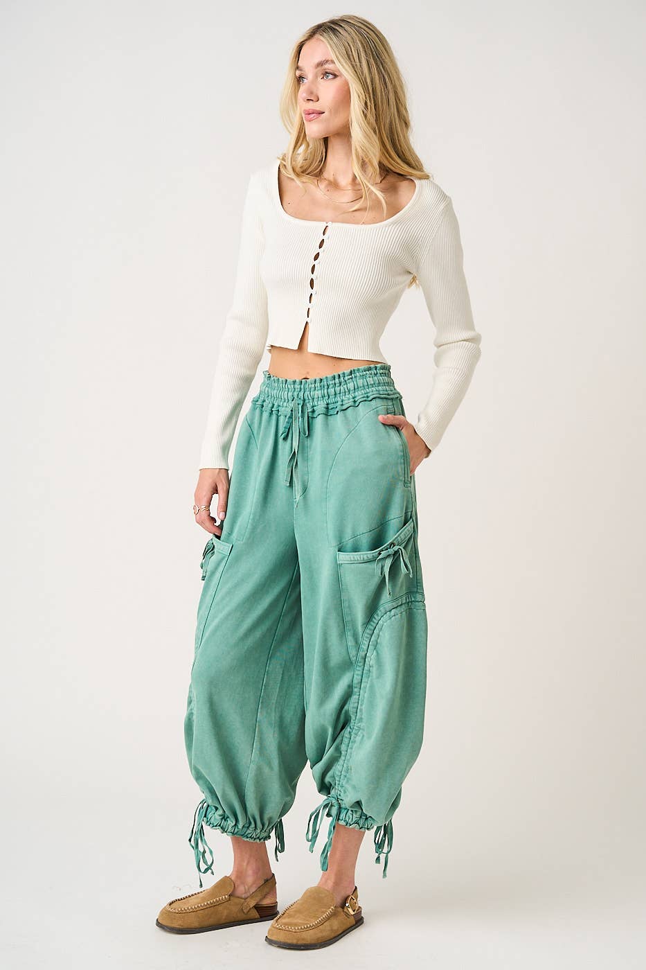 WASHED FRENCH TERRY DROP POCKET BALLOON PANTS