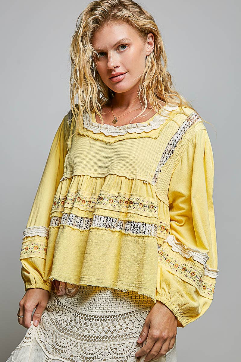 Pol Clothing - Embroidery Lace Contrast Square Neck Long Sleeve top