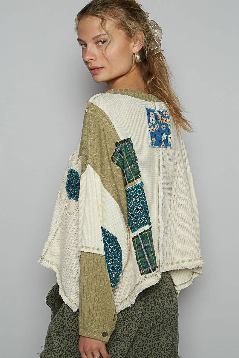 Pol Clothing - Round neck cut and sew patch oversized knit top