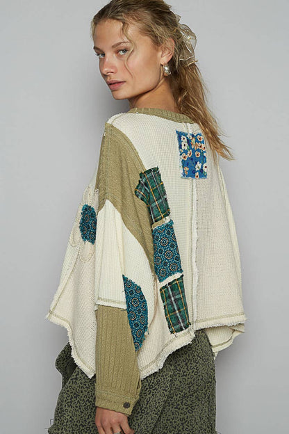 Pol Clothing - Round neck cut and sew patch oversized knit top