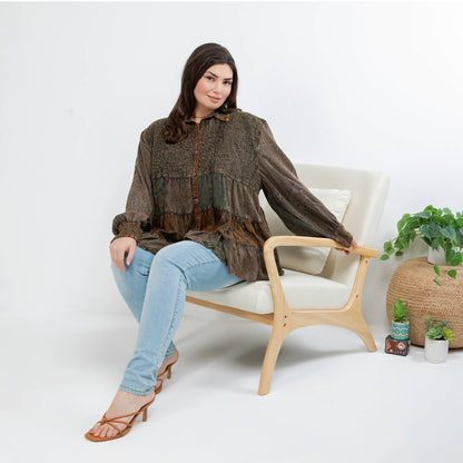 Young Threads - Front-Open Boho Shirt with Quilted Emb & Rayon Tiers