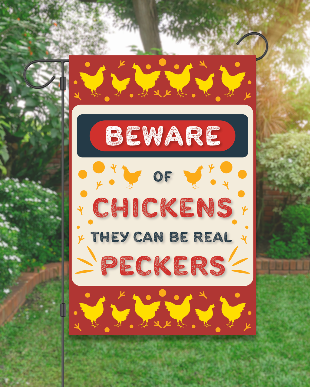 Happy Cow Lawn Decor - "Beware of the Chickens" Garden Flag #G1143-1