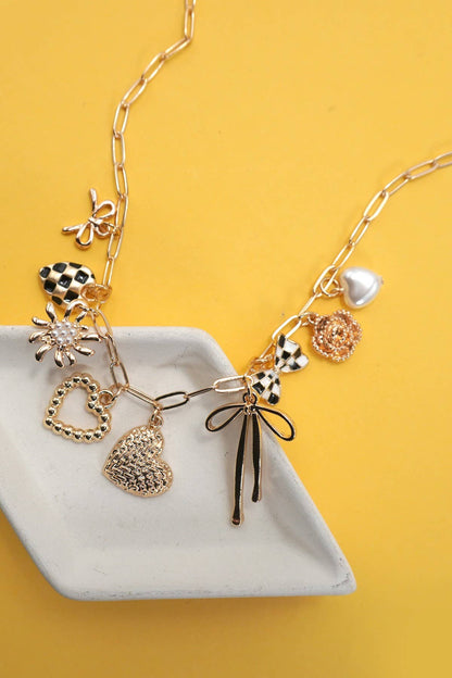 CHARM NECKLACE-BOW CHECKER HEART FLORAL