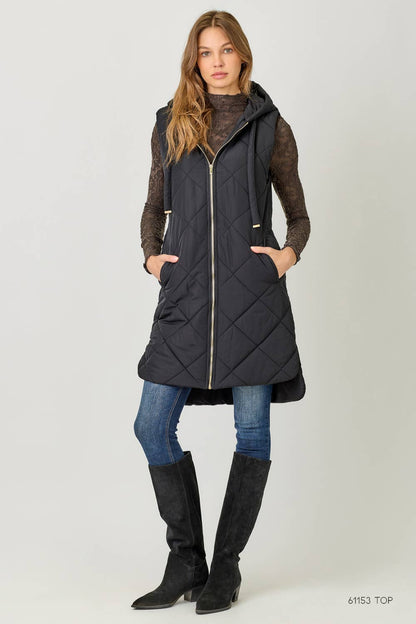 Mystree Quilted Puffer Long Hoodie Vest