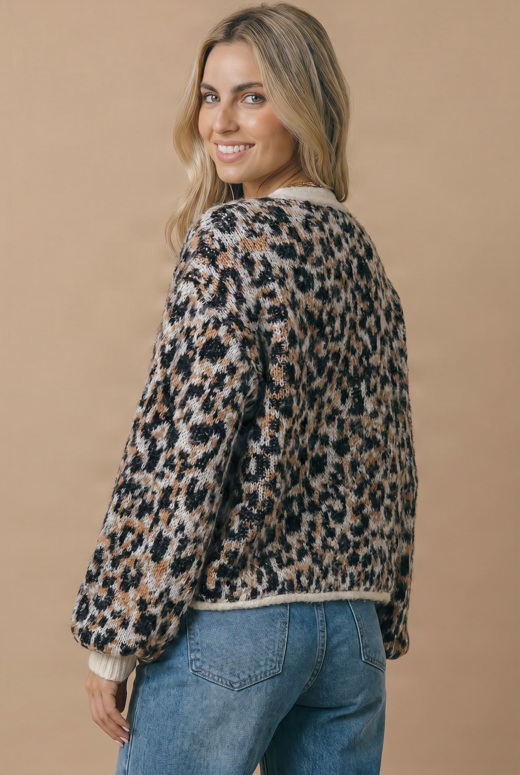 Haptics - Scoop Neck Leopard Gold Buttons Cardigan