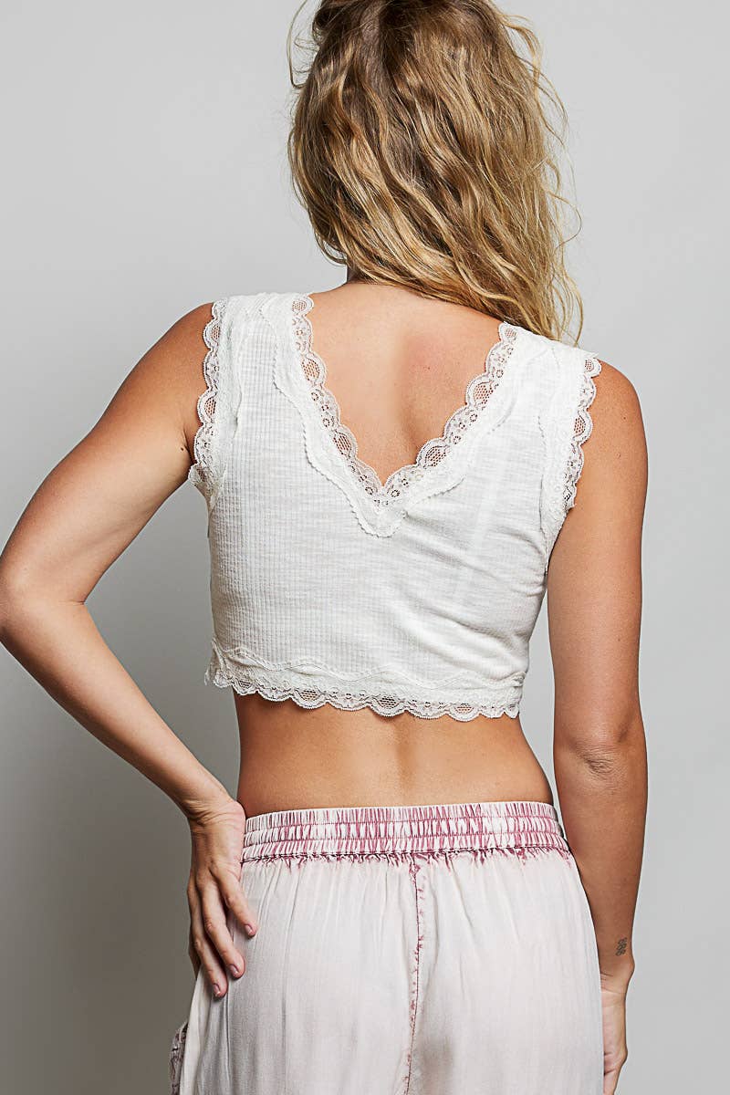 Pol Clothing - Lace Trim Ribbed V Neck Summer Sleeveless Crop Top