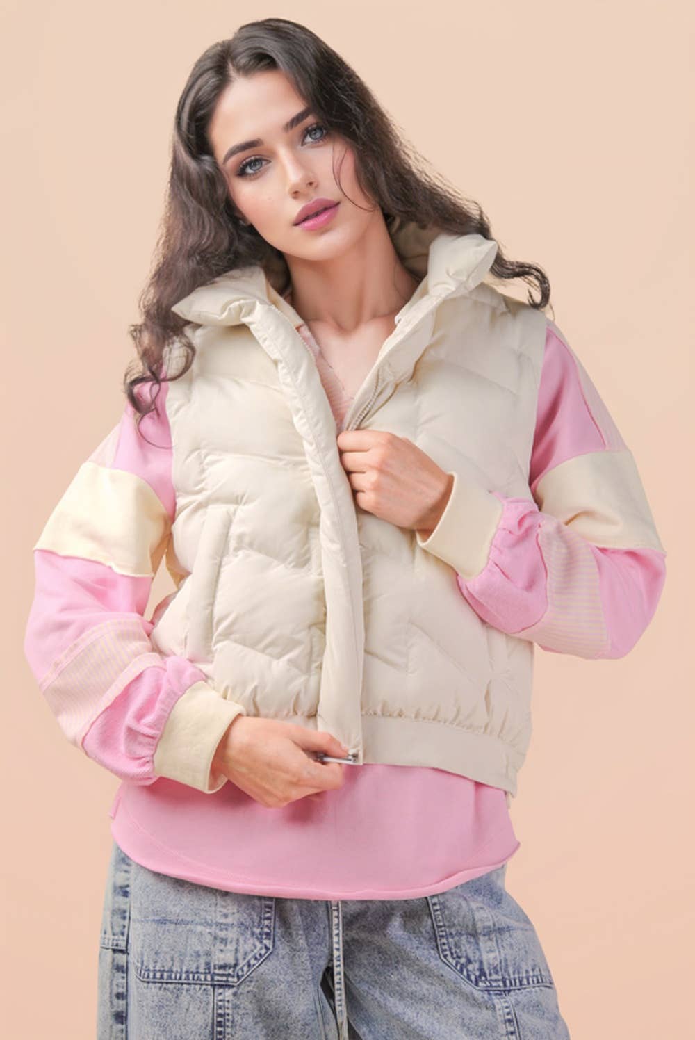Bermie Mock Neck Casual Zigzag Quilted Puffer Vest