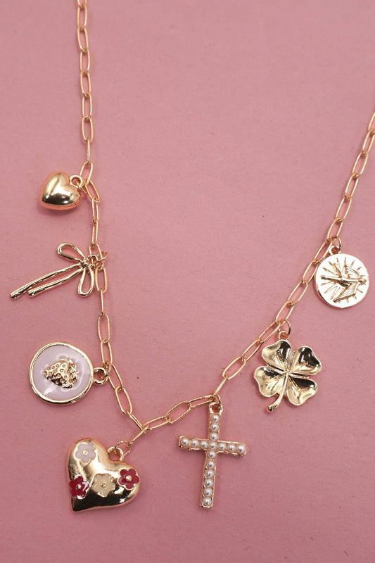 CHARM NECKLACE-CROSS CLOVER HEART BOW |