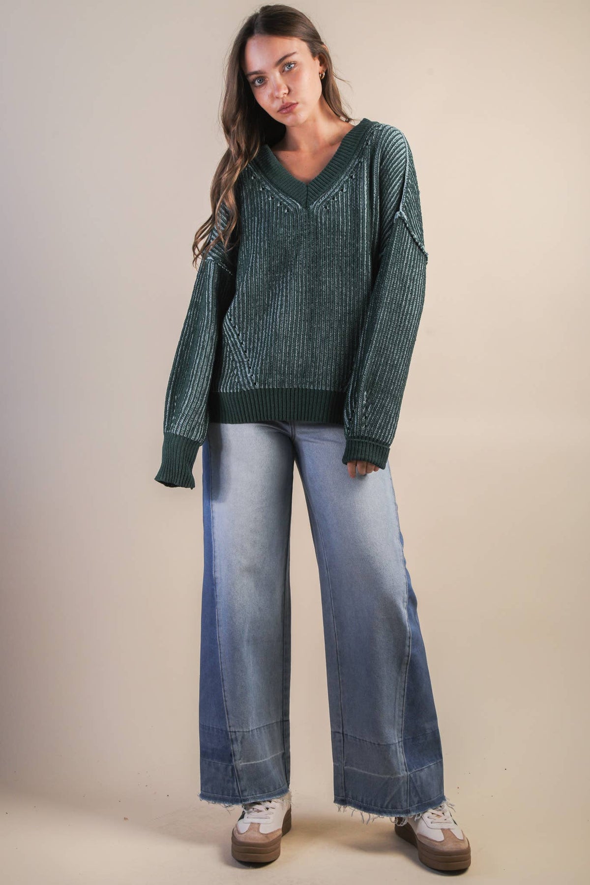 Oversized Two Tone Knit Casual Sweater Top