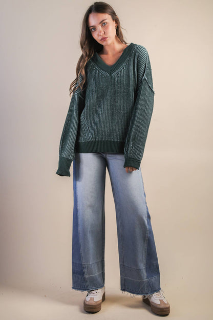 Oversized Two Tone Knit Casual Sweater Top