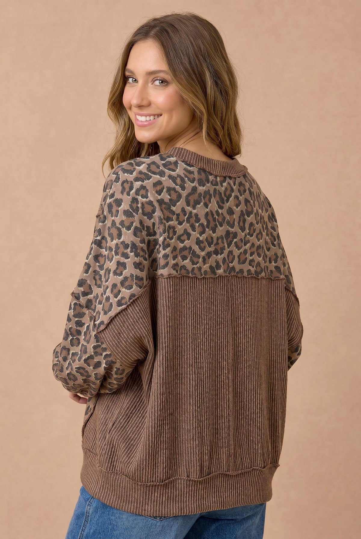 Haptics - Plus Leopard Print Wave Rib Banded Hem Pullover