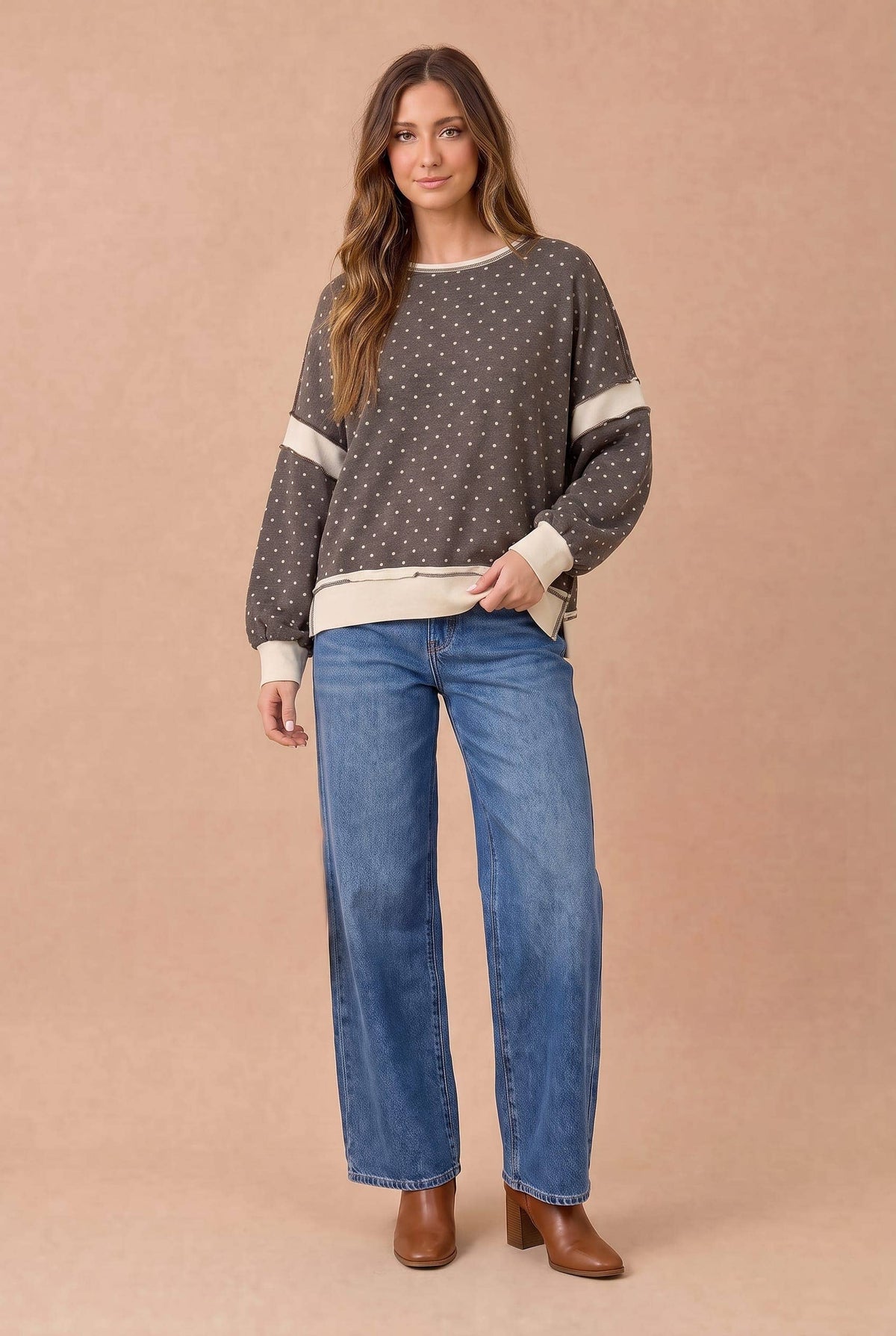 Haptics - Polka Dot Colorblock Cutout Back Pullover