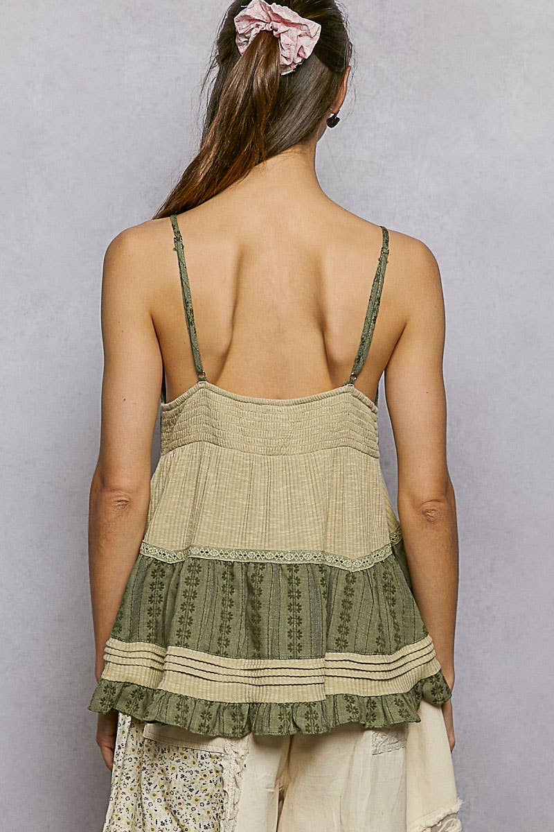 Pol Clothing - Adjustable Strap Ruffle Pintuck Sleeveless Cotton Top