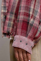 Pol Clothing - Plaid Mixed-Fabric Thermal Patch Studded Raw Edge Shirt