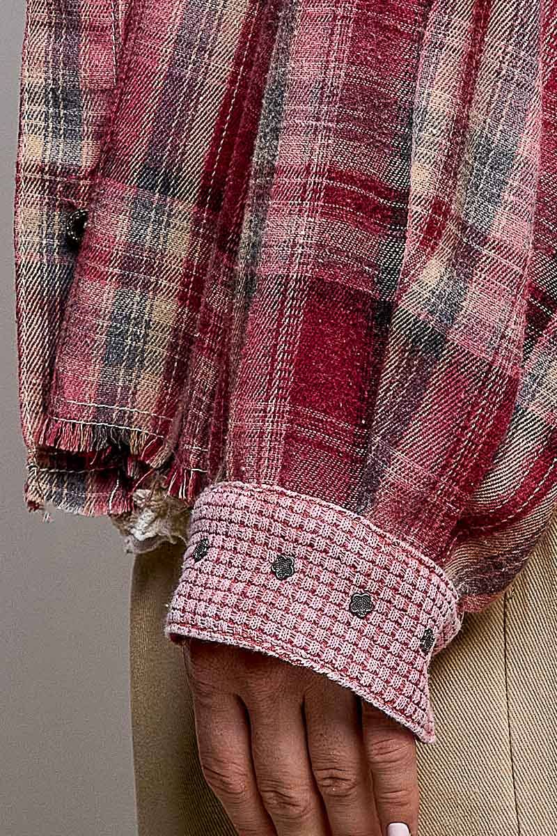 Pol Clothing - Plaid Mixed-Fabric Thermal Patch Studded Raw Edge Shirt