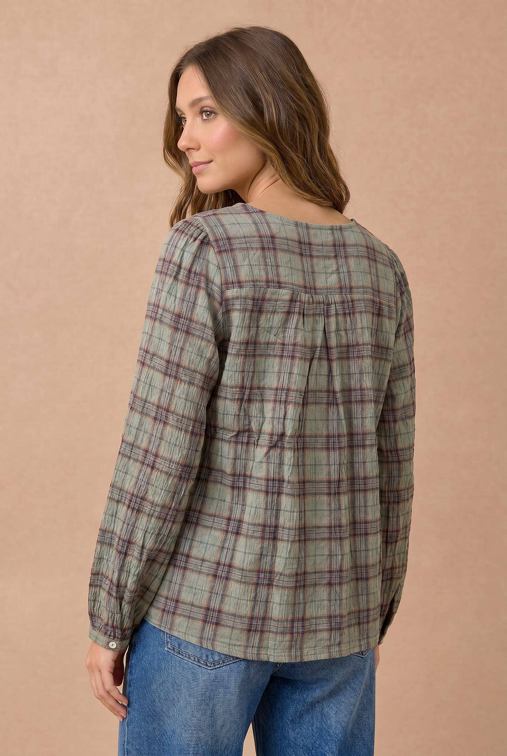 Haptics - Plus Crinkle Plaid Pin Tuck Buttoned Woven Blouse