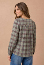 Haptics - Plus Crinkle Plaid Pin Tuck Buttoned Woven Blouse