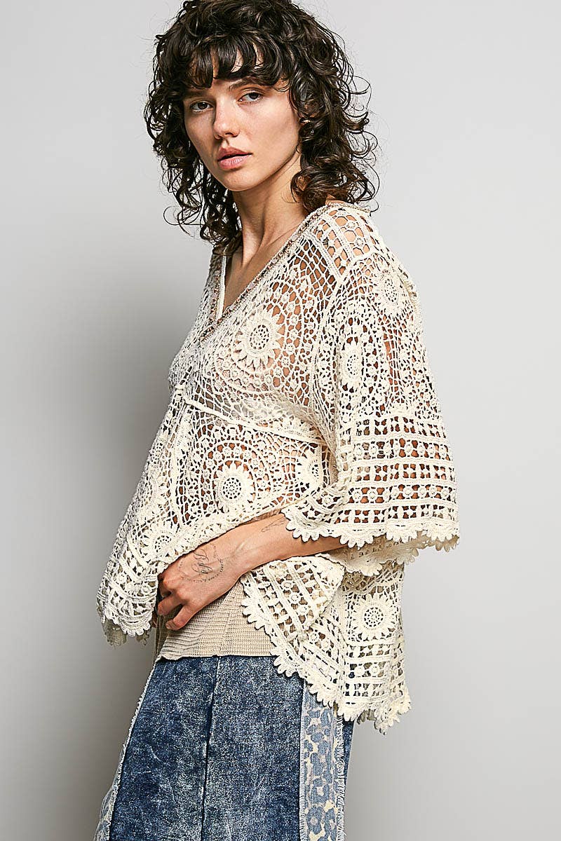 Pol Clothing - 3/4 Sleeve V-neck Crochet Varied Pattern Flared Top