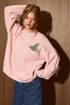 LE LIS - Embroidered Christmas Tree Pocket Oversized Knit Sweater