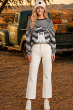 Main Strip - Halloween Ghost Appliqué Striped Long Sleeve Top
