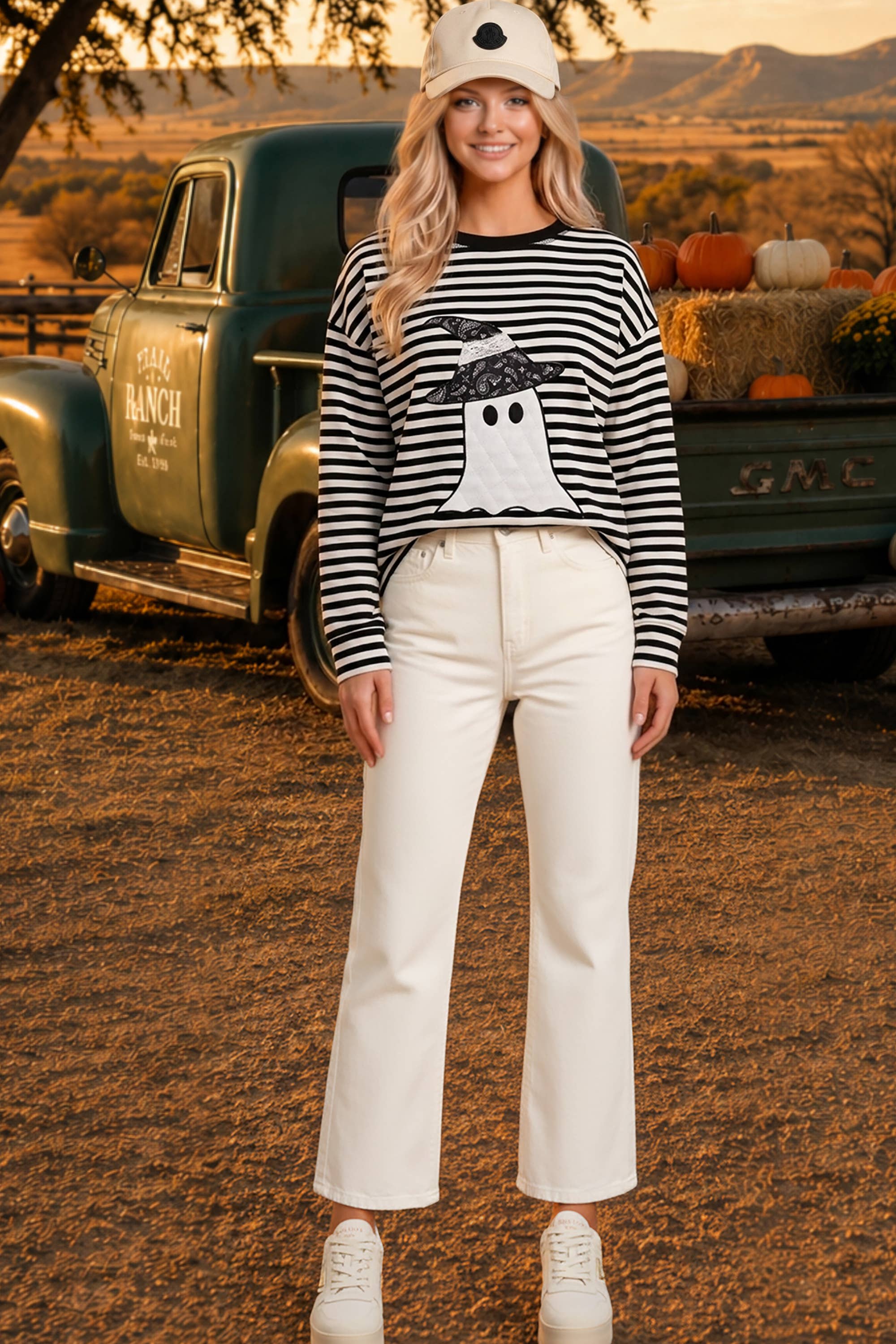 Main Strip - Halloween Ghost Appliqué Striped Long Sleeve Top