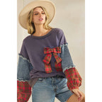 Sage + Fig - PLAID BOW DENIM SLEEVE PULLOVER (ST8117)